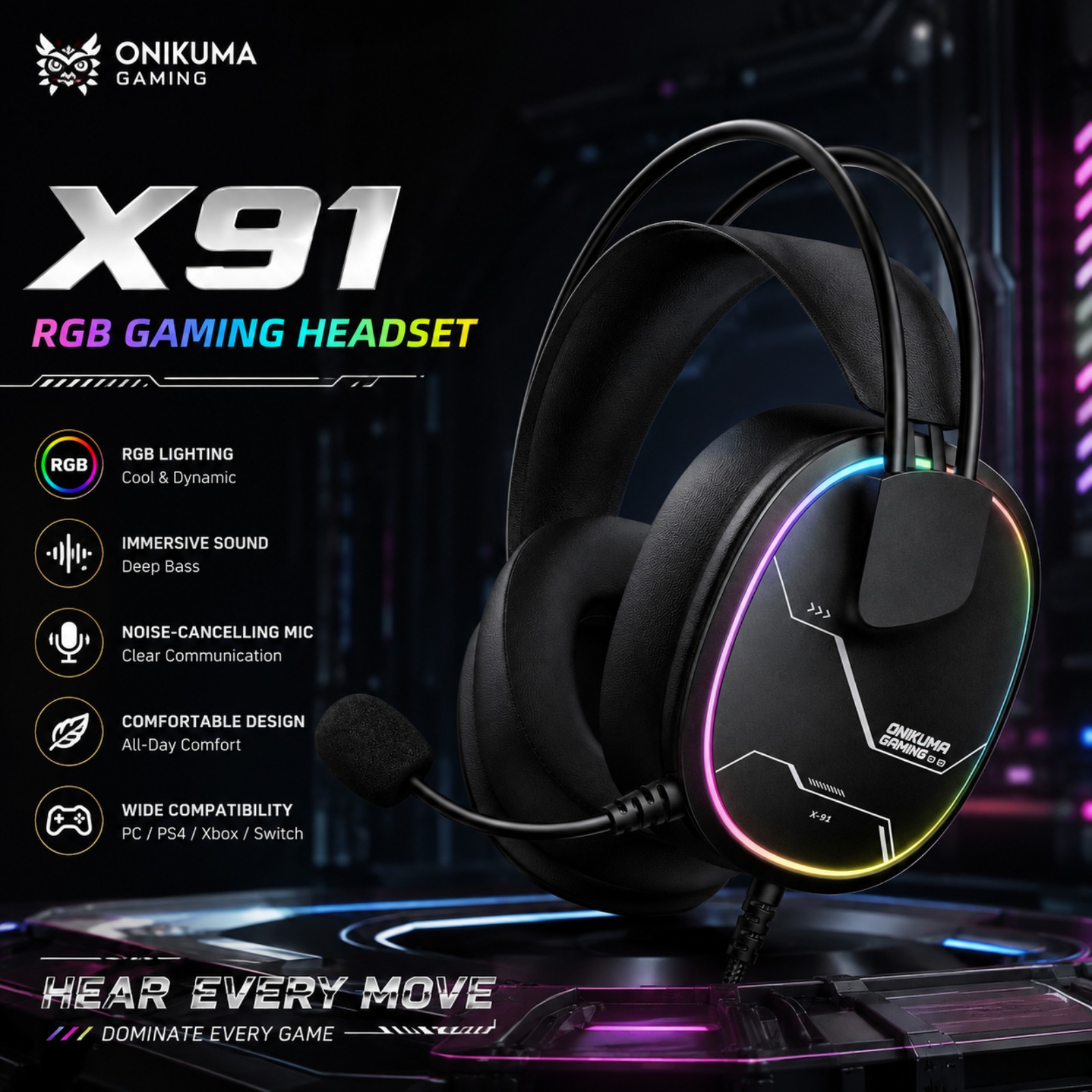 Gaming Headset Rgb - ONIKUMA X91 Bedrade Gaming Headset RGB